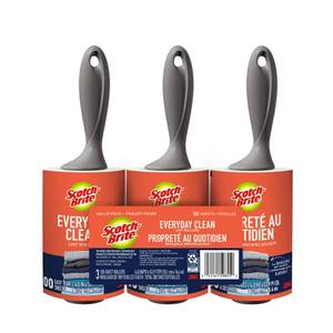 lot 3161 image: Scotch-Brite Everyday Clean Lint Roller, 3 Pack, Lint Remover for Pet Hair, Dark Clothes, Furniture, and Dusty Surfaces, 300 Adhesive Sheets Total, Manual Operation, White&nbsp