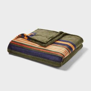 lot 3167 image: FullQueen Microplush Blanket Green Border Stripe - Threshold - Retail $40