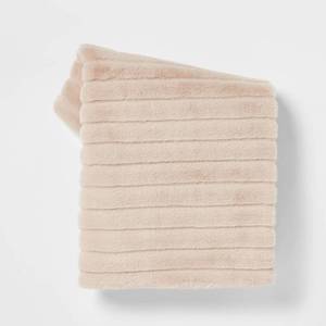 lot 3200 image: Textured Faux Fur Reversible Throw Blanket Neutral - Threshold&nbsp