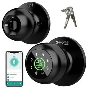 lot 3245 image: GHome Smart Fingerprint Door Lock, 4 in 1 Smart Fingerprint Door Knob with Keypad, App Control, Auto Lock, Biometric Door Knob with Lock for Bedroom, Apartment, Garage, Home & Office - Retail $60