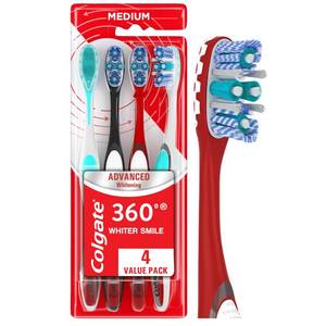 lot 3255 image: Colgate 360 Advanced Whitening Medium Toothbrush Pack, 4 Adult Medium Toothbrushes with Cheek and Tongue Cleaner, Helps Clean Your Teeth, Tongue, Cheeks, and Gums, 4 Pack&nbsp