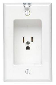 lot 3258 image: Leviton 15 Amp125V 1 Gang Recessed Single Receptacle, Residential Grade, with Clock Hanger Hook, 688-W, White&nbsp