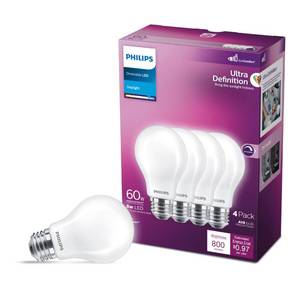 lot 4007 image: PHILIPS LED 60W A19 4-Pack Ultra Definition Daylight (5000K) 800 Lumen (8W  60W) Dimmable Frosted Flicker-Free Light Bulbs&nbsp