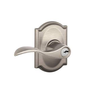 lot 4029 image: SCHLAGE F51A ACC 619 CAM Accent Lever with Camelot Trim Keyed Entry Lock, Satin Nickel (appears pre-owned) - Retail $45