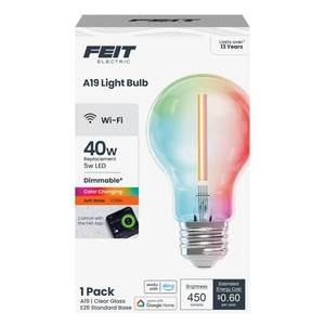 lot 4090 image: Feit Electric Smart LED Light Bulb, 40W Eq, Color Changing, Dimmable, Works with Alexa &amp Google Home, Wi-Fi Enabled, Straight Filament Glass Design, 90 CRI, 15,000-Hour Lifetime, A1940CLRGBWFILAG&nbsp