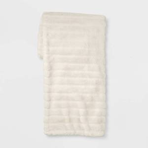 lot 4121 image: Textured Faux Fur Reversible Throw Blanket Cream - Threshold Soft, Cozy for Couch & Bed, Modern Style - Retail $32