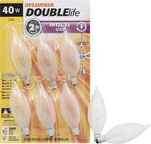 lot 4129 image: Sylvania Double Life Incandescent Light Bulb, B10, 40W, Dimmable, Candelabra Base, 285 Lumens, Frosted - 6 Count (Pack of 1) (15323)&nbsp