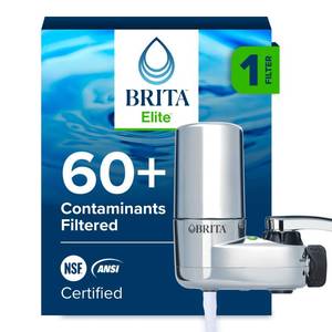 lot 4150 image: Brita Faucet Mount Water Filter System, Chrome, No-Wait Filtration, Easy Install, Multi-Use Tap Water Filter for Kitchens, Bathrooms & Small Spaces - Retail $46
