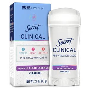 lot 4163 image: Secret Clinical Strength Antiperspirant Deodorant for Women, 100hr Sweat &amp Odor Protection, 3X Stress Protection with Hyaluronic Acid, PH Balancing Minerals, Clear Gel, Clear Lavender Scent, 2.6 oz&nbsp&nbsp