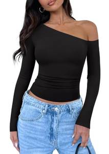 lot 4275 image: REORIA Womens Trendy Long Sleeve Shirts Double Lined Casual Slim Fitted Tee Y2K 2026 Fall Going Out Off The Shoulder Tops Black, Medium&nbsp&nbsp