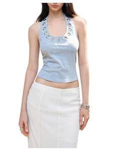 lot 4286 image: MakeMeChic Womens Y2k Backless Halter Crop Tops Grommet Eyelet Sleeveless Cami Tank Top Grey X-Small&nbsp