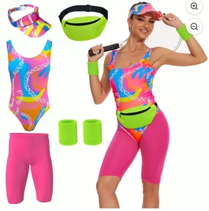 lot 4333 image: TobWeaL Womens 80s Workout Costume Outfit 80s 90s Accessories Set - Leotard Neon Halloween Cosplay Set.(Pink, Medium) - Retail $33