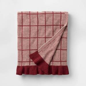lot 4380 image: 50x60 Windowpane Plaid with Ruffle Throw Blanket Burgundy - Threshold designed with Studio McGee - Retail $35