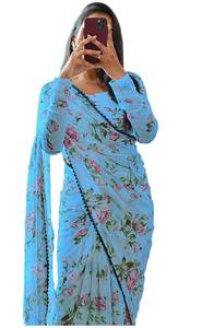 Sidhidata Women's Georgette Digital Printed Ready To Wear one Minute Saree With Unstitched Blouse Piece (X Sky Blue) Medium - Retail: $33