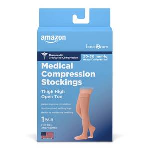 lot 4415 image: Amazon Basic Care Medical Compression Stockings, 20-30 mmHg Support, Women &amp Men Thigh Length Hose, Open Toe, Beige, Medium (Previously NuVein)