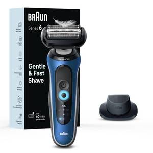 lot 4424 image: Braun Electric Shaver for Men, Series 6 6120s, Wet & Dry Shave, Turbo & Gentle Shaving Modes, with Precision Trimmer & Pouch, Blue - Retail $68