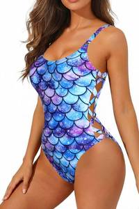 lot 4425 image: Tempt Me Women Blue Mermaid One Piece Bathing Suit Crisscross Lace Up Sexy Swimsuits L - Retail $34