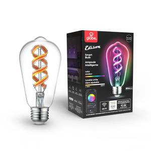 lot 4516 image: GLOBE Electric 35847 Wi-Fi Smart 7W (60W Equivalent) Spiral Filament Multicolor Changing RGB Tunable White Clear LED Light Bulb, No Hub Required, Voice Activated, 2000K - 5000K, ST19 Shape, E26 Base - Retail $30
