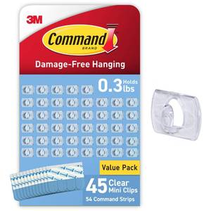 lot 4671 image: Command Indoor Mini Light Clips, 45 Clear Clips and 54 Command Strips, Damage Free Hanging Christmas Decorations, Wall Clips for Hanging Lights and Cable Management, Holds up to 0.3 lb&nbsp