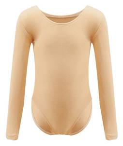 lot 4673 image: Dancina Leotard Classic Long Sleeve Modest Higher Neckline Full Front Lining Body Suit 8 Beige