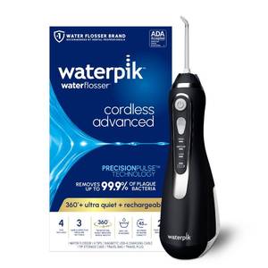 lot 4765 image: Waterpik Cordless Advanced 2.0 Water Flosser For Teeth, Gums, Braces, Dental Care With Travel Bag and 4 Tips, ADA Accepted, Rechargeable, Portable, and Waterproof, Black WP-582, Packaging May Vary