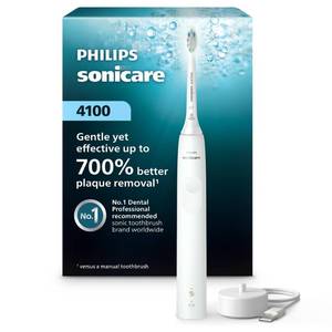 lot 4767 image: Philips Sonicare 4100 Series Electric Toothbrush - Sonic Toothbrush with Advanced Sonic Technology, Pressure Sensor, Two Intensity Settings, Smartimer & Quadpacer, White, Model HX368123 - Retail $49