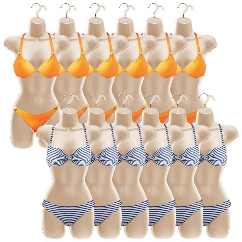 lot 1260 image: Kigley 12 Pcs Female Mannequin Torso Hanging Dress Form Flesh Colored Hollow Back Thickened Plastic Clothing Mannequin with Hanging Hook for Clothes Display, 31.1 x 16.1 Inch - Retail $114