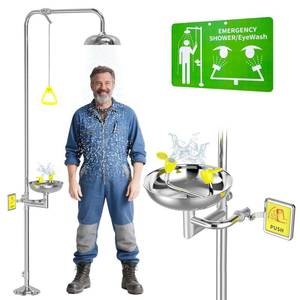 lot 1230 image: 304 Stainless Steel Combination Emergency Eye Wash Shower Station, Industrial & Commercial Level with Emergency Sign, NPT Thread, Safety Eyewash Stations, ANSI Z358.1-2014 Standards. - Retail $215