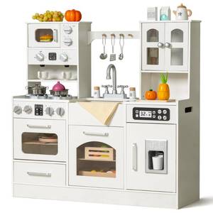 lot 1231 image: Wooden Play Kitchen for Toddlers and Kids with Lights & Sounds, Large Interactive Pretend Play Set with Ice Maker, Stove, Sink, Oven, 12 Accessories - Ages 3-8 - Retail $150