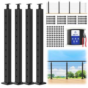 CKE 15-20ft Complete Set 36\" Cable Railing Post Kit, 4Pack Adjustable Top Level Drilled Line Posts(35\"x2\"x2\"), 250ft 1/8\" Wire Rope, Black Swageless Invisible Cable Railing Kit (No Handrail) LPS01, Retail $420