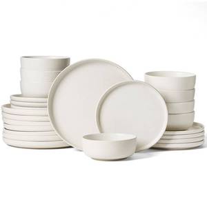 lot 1239 image: Famiware Milkyway Plates and Bowls Sets, 24 Pieces Dinnerware Sets, Reactive Glaze Dish Set, Stoneware Dishes Set for 8, Matte Beige White - Retail $160