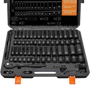 lot 1250 image: Impact Socket Wrench Set 12 Drive - Trivd Frol 65pcs Impact Socket Set Metric and Standard Full, Metric Socket Set 8-24mm & SAE Socket Set 38-1-14, Shallow & Deep Socket Set, Extensions, Adapter - Retail $100