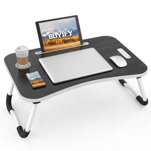 lot 1252 image: BUYIFY Folding Lap Desk, 23 Inch Portable Wood Black Laptop Bed Desk Lap Desk with Cup Holder, for Working Reading Writing, Eating, Watching Movies for Bed Sofa Couch Floor - Retail $33