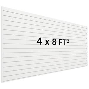 lot 1268 image: Neoaider Slatwall Panel 8 FT x 4 FT, Interlocking Slat Wall Paneling, Wall Mounted PVC Wallpanel, Suitable for Garage Storage and Organizer, Slatwall Board, Shelves - White - Retail $150