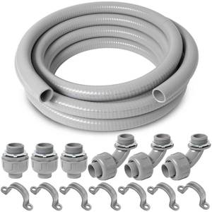 lot 1271 image: 1 inch Diameter 25 Feet Flexible Electrical Conduit Liquid Tight PVC Conduit Kit with 3 PCS Coupling, 3 PCS Elbow and 7 PCS Strap, Sealtight Seal Flex Liquidtight Wire Outdoor Non Metallic Grey Retail $49.99 FACTORY SEALED