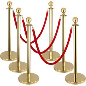 lot 2489 image: 6Pack Stanchions and Velvet Ropes, 5 ft Red Velvet Rope and Poles, Red Carpet Ropes and Poles Set, Gold Stainless Steel Stanchion Posts Red Carpet Runner Poles for Party Supplies - Retail $85