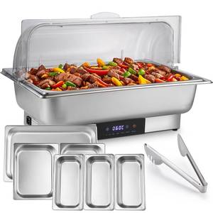 lot 2519 image: Electric Chafing Dish Buffet Server Set, Stainless Steel Full Size and Half Size and Three Section Food Pan with Temp Control, Roll Top Stainless Steel Food Warmers for Catering Buffet - Retail $179