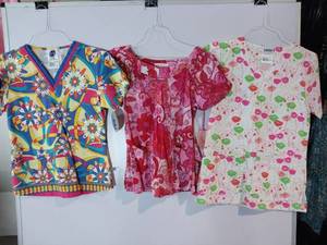 lot 67909 image: APPEARS NEW - Landau & Koi Medical Scrub Tops Collection - Floral and Geometric Prints (Size XS) 3 Pack