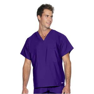 lot 67978 image: APPEARS NEW - Landau Essentials Unisex Relaxed Fit 1-Pocket V-Neck Scrub Top Style 7502 RPP & Scrub Zone 70224 Grape (Size Large) 2 Pack