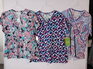 lot 67981 image: APPEARS NEW - Bio, Med Couture & Peaches Medical Scrub Tops Pattern Collection (Size Large) 3 Pack