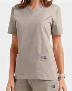 lot 67996 image: APPEARS NEW - Scrub Zone V-Neck Tunic Scrub Top Style 70224 & 70221 Taupe (Size Small) 2 Pack