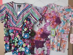 lot 68020 image: APPEARS NEW - Landau, Peaches & Urbane Sweet Medical Scrub Top Collection (Size XS) Lot of 3