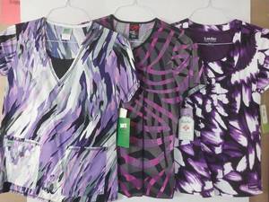lot 68054 image: APPEARS NEW - WS Gear, EchoRed & Landau Medical Scrub Top Collection - Purple Pattern Set (Size Small) Lot of 3