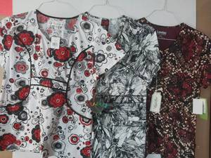 lot 68058 image: APPEARS NEW - Landau, EchoRed & Peaches Medical Scrub Tops (Size Small) Lot of 3