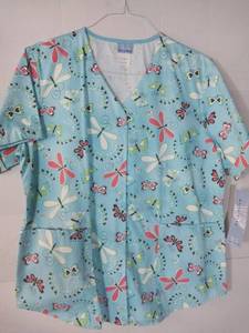 lot 68165 image: APPEARS NEW - White Swan Butterfly Print Medical Scrub Smock (Size XL)