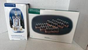 lot 1049 image: Department 56 snow village Holy Spirit baptistery music box and stone walls with hedges