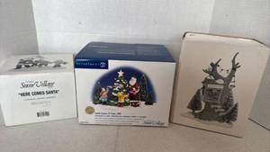 lot 1062 image: Department 56 Snow Village Here Comes Santa 2001, kids tree house and here comes Santa