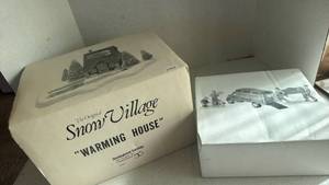 lot 1079 image: Department 56 Snow Village Moving Day  Ceramic Set and warming house