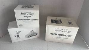 lot 1081 image: Department 56 Snow Village fresh frozen fish, pizza delivery, and grand ole Opry carolers