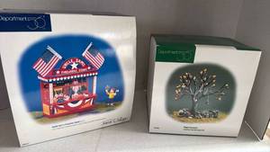 lot 1086 image: Department 56 Snow Village Uncle Sams Fireworks Stand and fieldstone wall with apple tree